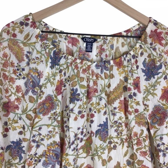 CHAPS Blouse Top Floral Peasant Elastic Scoop Neck Sheer Lightweight Size Small - Picture 2 of 10